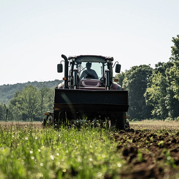 Farmer driving a tractor through a food plot 
